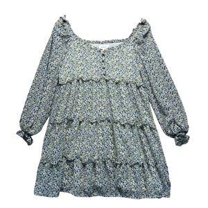 Bohme Floral Tiered Mini Dress‎ Blue Yellow Ruffle Long Sleeve Small Ditzy Boho